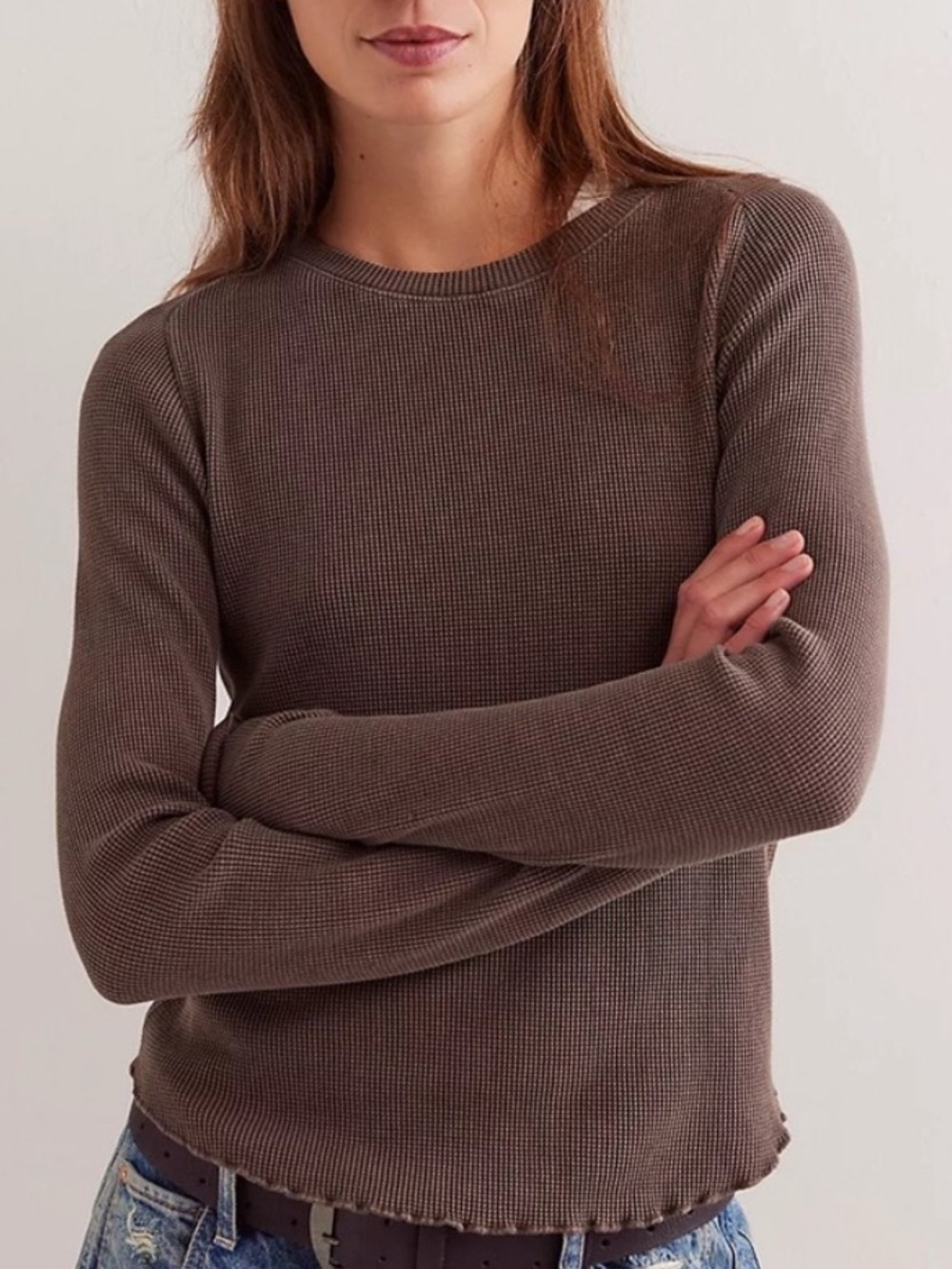 Free People Easy Does It Double Espresso Long Sleeve Ribbed Thermal Top